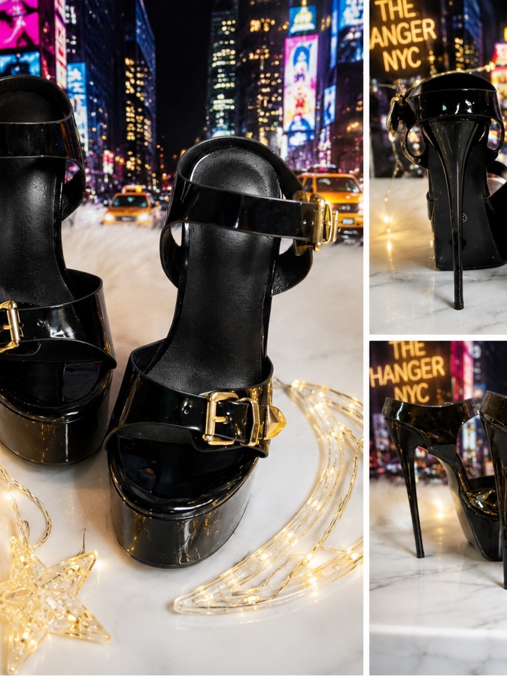 Black Patent Platform Sandals with Gold Buckle The Black Beauty’s